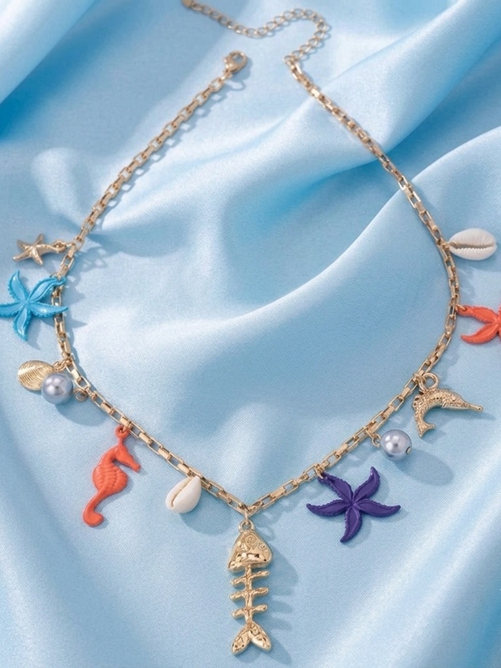 Gold Tone Beach Charm Necklace with Colorful Sea Motifs - Fish, Starfish, Pearl